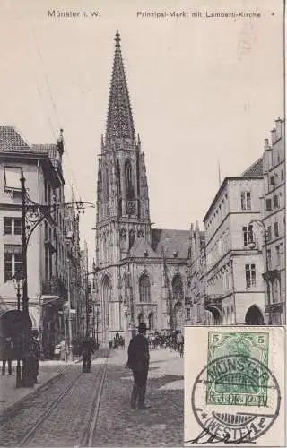 [Echtfotokarte schwarz/weiß] Münster i. W. - Prinzipal Markt mit Lamberti-Kirche. 