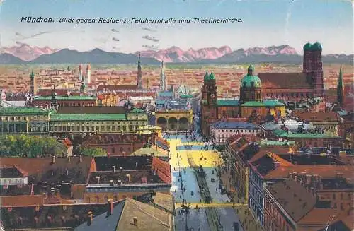 [Hand-Koloriert] München - Blick gegen Residenz, Feldherrnhalle und Theatinerkirche. 