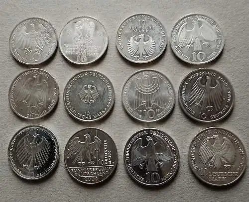 Bundesrepublik Deutschland - Silbermünzen - 12x 10 DM aus 1998-2001