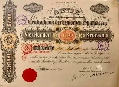 Aktien der Central Bank der deutschen Sparkassen 1922 ÖSTERREICH