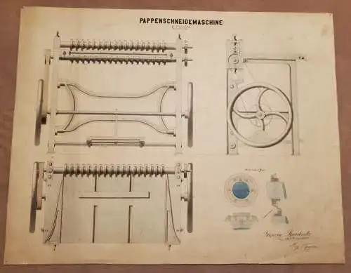 Original, historische Technische Zeichnung aus dem Jahr 1871 ,       Schneidemaschine für Eisenbahnfahrkarten