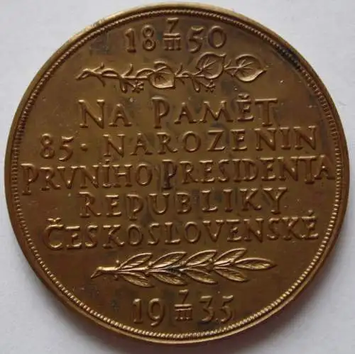 Tschechoslowakei Medaille Zur Erinnerung an den 85. Geburtstag von Tomasz Masaryk 1935
