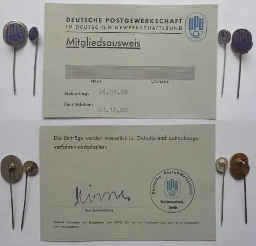 DPG Deutsche Postgewerkschaft, Mitgliedsausweis und Anstecknadel x 4 Stück