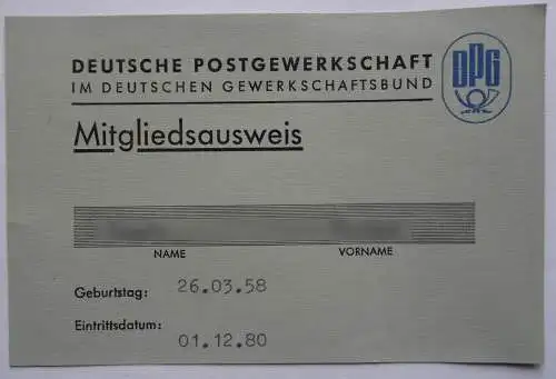DPG Deutsche Postgewerkschaft, Mitgliedsausweis und Anstecknadel x 4 Stück