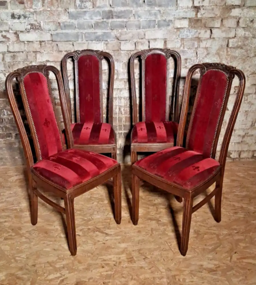 Antik 4 Set Esszimmerstühle Jugendstil art deco neu bezogen ca .1920 Jh. 0