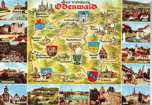 [Echtfotokarte farbig] Mehrbildkarte "Der vordere Odenwald" mit illustriertem Kartenmittelteil und 14 Fotografien umliegender Orte wie Michelstadt, Erbach, Lichtenberg, Darmstadt, Heppenheim u.a.
Rückseite: Handschriftliche Notiz vom Urlaub in...