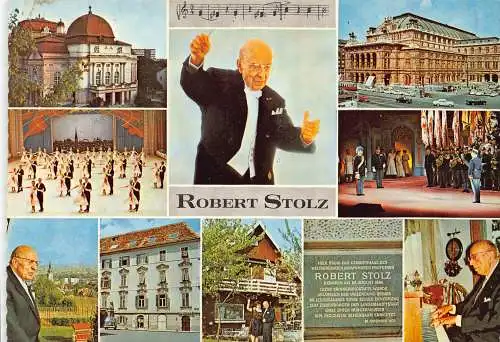 [Echtfotokarte farbig] Robert Stolz – Erinnerungs-Postkarte mit Porträt und Lebensstationen. 