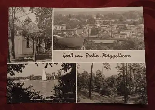 [Echtfotokarte schwarz/weiß] Gruß aus Berlin-Müggelheim - Dorfkirche - Am kleinen Müggelsee. 