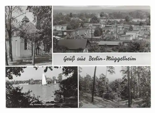 [Echtfotokarte schwarz/weiß] Gruß aus Berlin-Müggelheim - Dorfkirche - Am kleinen Müggelsee. 