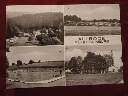 [Echtfotokarte schwarz/weiß] Allrode Kr. Quedlinburg - Blick zur Luppbodenmühle - Bungalows "Am Krug" - Freibad - Schulungsheim der Bezirksdirektion für Straßenwesen Halle. 