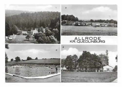 [Echtfotokarte schwarz/weiß] Allrode Kr. Quedlinburg - Blick zur Luppbodenmühle - Bungalows "Am Krug" - Freibad - Schulungsheim der Bezirksdirektion für Straßenwesen Halle. 