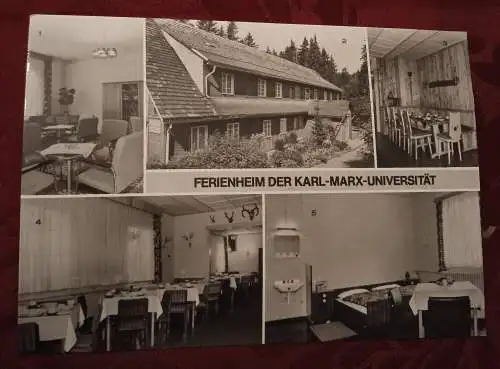 [Echtfotokarte schwarz/weiß] Ferienheim der Karl-Marx-Universität - Antonsthal (Kr. Schwarzenberg) - Ortsteil Antonshöhe - Klubraum - Außenansicht - "Stülpner-Eck" - Speisesaal - Gästezimmer. 