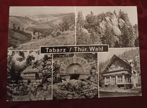 [Echtfotokarte schwarz/weiß] Tabarz / Thür. Wald - Teilansicht, Aschenbergstein, HOG-Massenmühle, Lutherbrunnen, FDGB-Heim Lauchagrund. 