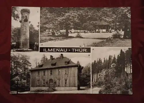 [Echtfotokarte schwarz/weiß] Ilmenau - Thür. - Aussichtsturm auf dem Kickelhahn - Musikpavillon - Jagdhaus Gabelbach - Der Schwalbenstein - Turm auf dem Kickelhahn 885. m. ü. M. 