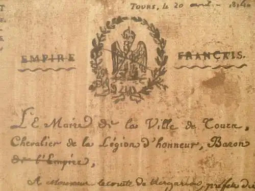 ORIGINAL-LITHOGRAPHIE (BRIEF DES BÜRGERMEISTERS VON INDRE-ET-LOIRE, 29. APRIL 1814).