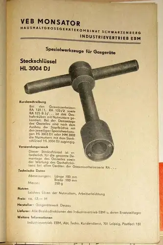 Katalog für Spezialwerkzeuge, Sektor Gasgeräte. 