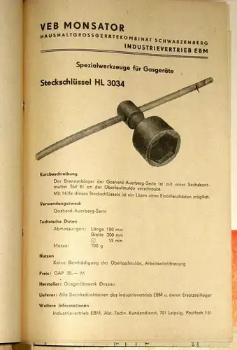 Katalog für Spezialwerkzeuge, Sektor Gasgeräte. 