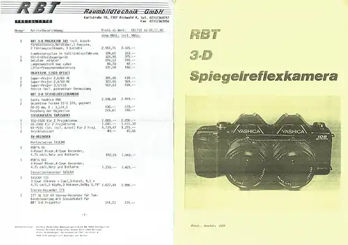 Prospekt und Preisliste
 RBT 3-D Spiegelreflexkamera Yashica 108. 