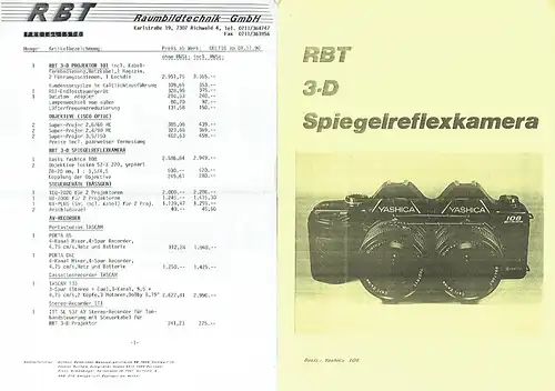 RBT 3-D Spiegelreflexkamera Yashica 108
 Prospekt und Preisliste. 