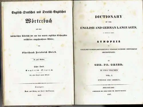 Englisch-Deutsches und Deutsch-Englisches Wörterbuch
 mit einer tabellarischen Übersicht der von den neuern englischen Orthoepisten verschieden ausgesprochenen Wörter
 2 Bände komplett. 