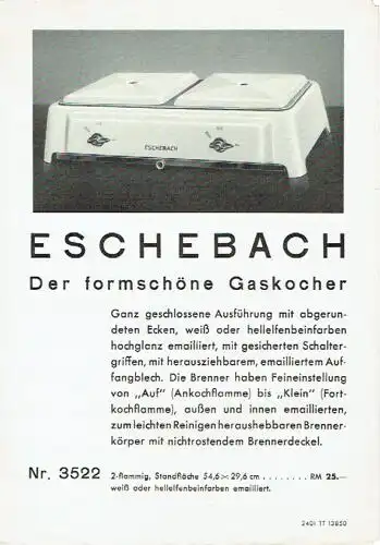 Eschebach - Der formschöne Gaskocher Nr 3522. 