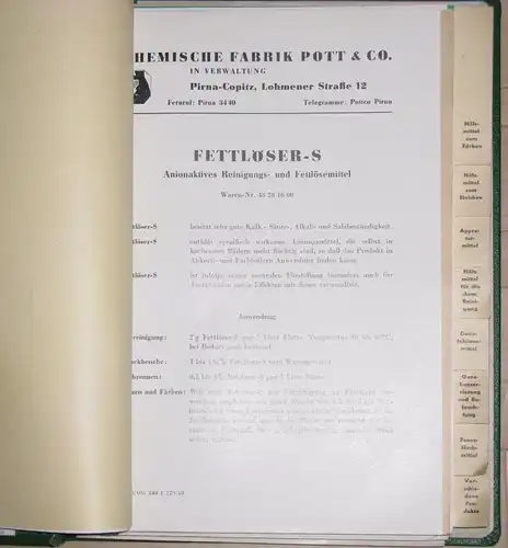 Chemische Fabrik Pott & Co. in Verwaltung, Pirna-Copitz
 Hersteller-Produktkatalog. 