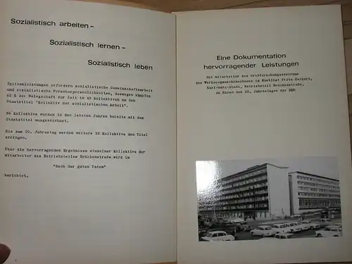 Buch der Guten Taten
 Abrechnung der Wettbewerbsergebnisse zu Ehren des 20. Jahrestages der Deutschen Demokratischen Republik der Mitarbeiter des Großforschungszentrums des Werkzeugmaschinenbaues im Kombinat "Fritz.. 