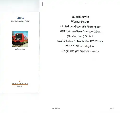 Presse-Info Roll-Out S-Bahn ET 474 am 21. 11. 1996 in Salzgitter-Watenstedt. 