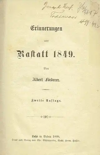 Albert Förderer: Erinnerungen aus Rastatt 1849. 
