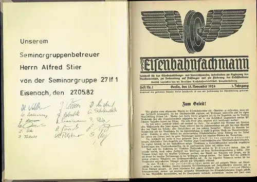 Der Eisenbahnfachmann
 Zeitschrift für das Eisenbahnbildungs- und Unterrichtswesen, insbesondere zur Ergänzung des Dienstunterrichts, zur Vorbereitung auf Prüfungen und zur Förderung des Selbststudiums
 1. Jahrgang, Heft...