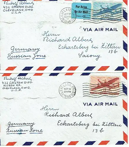 2 Briefe aus der USA in die Russian Zone per Air Mail. 