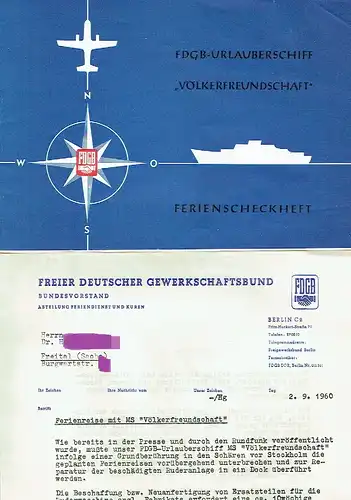 Konvolut von 2 Ferienscheckheften des Urlauberschiffs "Völkerfreundschaft". 