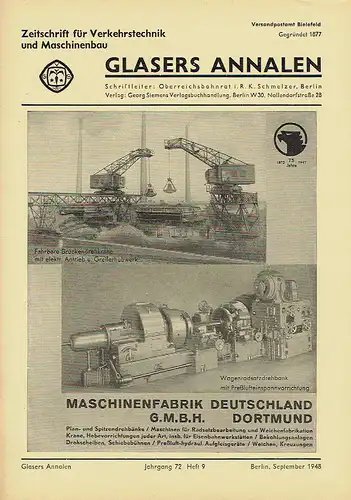 Glasers Annalen
 Zeitschrift für Verkehrstechnik und Maschinenbau
 Heft 9/1948. 