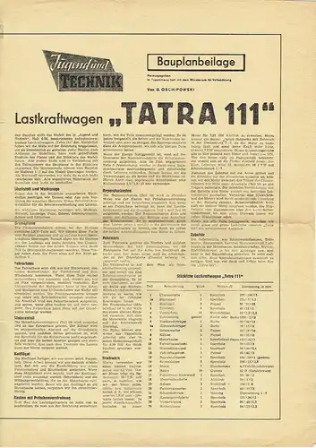 Günter Oschipowski: Lastkraftwagen Tatra 111
 Bauplanbeilage aus Jugend und Technik. 