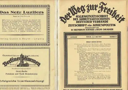 Der Weg zur Freiheit
 Halbmonatsschrift des Arbeitsausschusses Deutscher Verbände, Zeitschrift für Aussenpolitik
 Jahrgang 1927 (24 Hefte, komplett). 