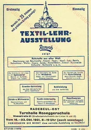 Handzettel für eine Textil-Lehr-Ausstellung in Radebeul.