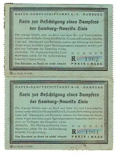 2 Karten zur Besichtigung eines Dampfers der Hamburg-Amerika Linie. 