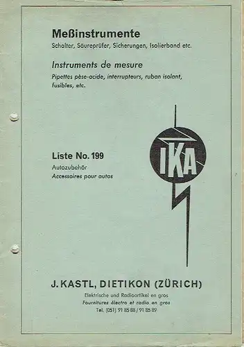 Meßinstrumente, Schalter, Säureprüfer, Sicherungen, Isolierband etc
 Liste Nr. 199: Autozubehör. 