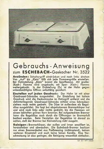 Gebrauchsanweisung zum Eschebach Gaskocher Nr 3522. 