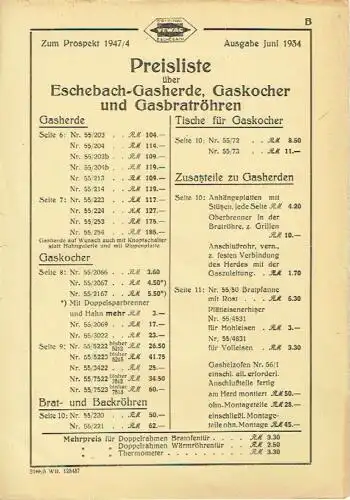 Preisliste über Eschebach-Gasherde, Gaskocher und Gasbratröhren, Ausgabe Juni 1934. 