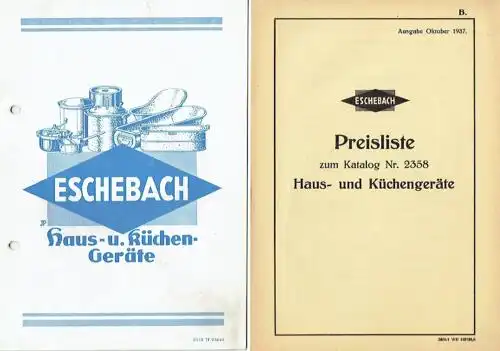 Eschebach Haus- und Küchengeräte mit Preisliste Oktober 1937. 