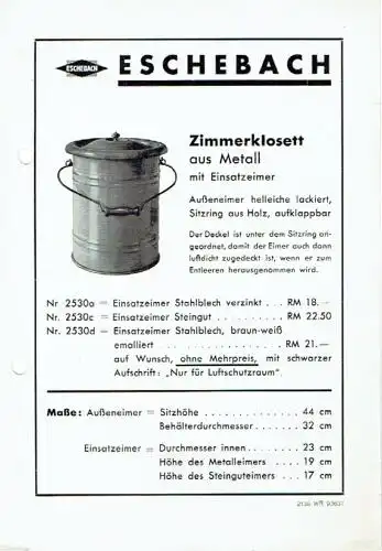 Eschebach Zimmerklosett aus Metall. 