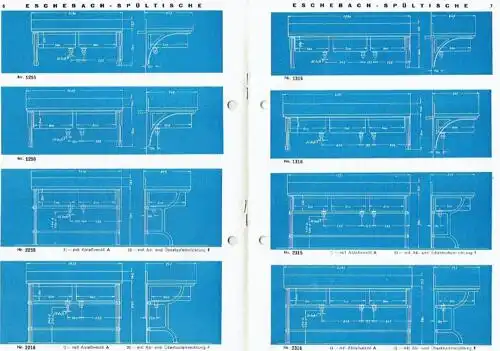 Eschebach Spültische Maß- und Anschlußskizzen zum Katalog Nr. 2444. 