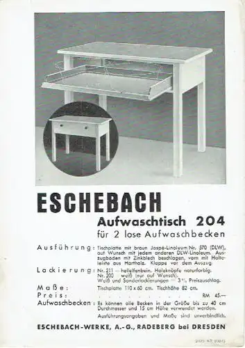 Eschebach Aufwaschtisch 204. 