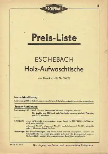 Preis-Liste Eschebach Holz-Aufwaschtische
 zur Druckschrift Nr. 2432. 