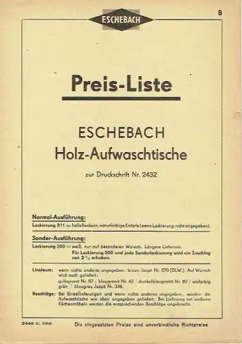 zur Druckschrift Nr. 2432
 Preis-Liste Eschebach Holz-Aufwaschtische. 