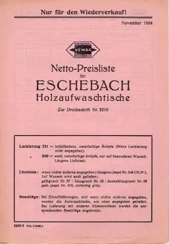 Netto-Preisliste für Eschebach Holzaufwaschtische
 zur Druckschrift Nr. 2210, November 1934. 