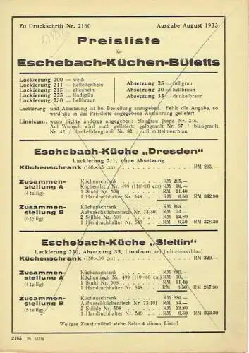 Ausgabe August 1933
 Preisliste für Eschebach-Küchen-Büffets. 