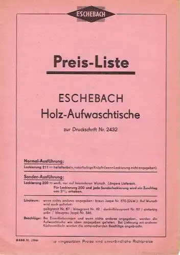 Preis-Liste für Eschebach Holz-Aufwaschtische
 zur Druckschrift Nr. 2432. 