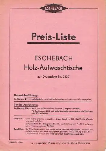 zur Druckschrift Nr. 2432
 Preis-Liste für Eschebach Holz-Aufwaschtische. 